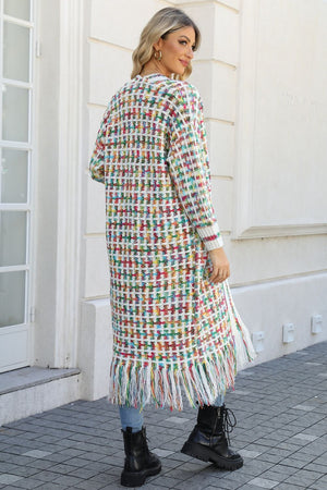 Chromatic crochet maxi cardigan with fringe detail in Multi color.