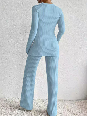 Pastel Blue ribbed knit lounge set with long sleeves and flared pants.