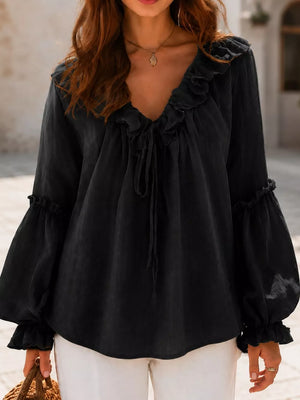 Ruffled Tie Front Flounce Sleeve Blouse in Blush Pink, alternate angle
