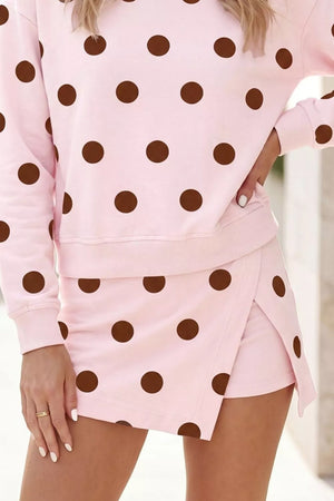 Polka Dot Sweatshirt And Shorts Set in Blush Pink, close-up detail