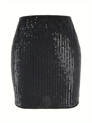 Black sequin mini skirt with a sculpted fit and vertical sequin pattern.