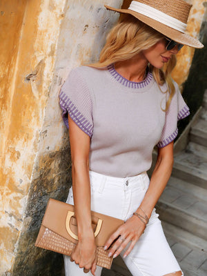 Banded trim knit t-shirt in light grey with purple trim, short butterfly sleeves, crew neck.