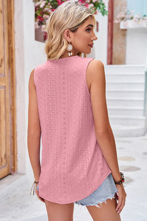 Pink lace trim eyelet V-neck tank top with a casual boho style.
