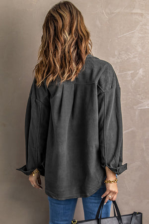 Fleece shirt jacket in Charcoal with patch pockets and a relaxed fit.