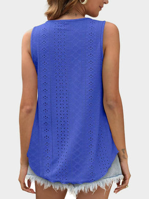 Royal Blue eyelet scoop-neck trapeze tank top with a curved hem.