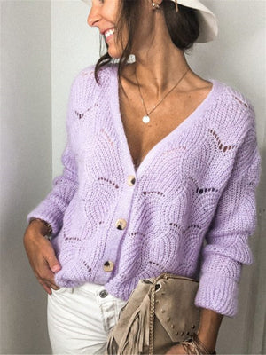 Lavender scalloped knit button-down cardigan with a V-neck and open weave pattern.