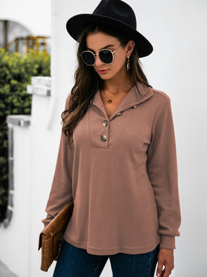 Button Chic Long Sleeve Tee in Dusty Pink with waffle texture and button collar detail.