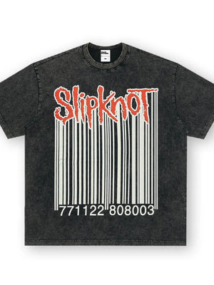 Dark gray cotton crew neck t-shirt with Slipknot barcode graphic