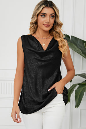 Black jacquard drape neckline sleeveless tank top with a subtle animal print pattern.