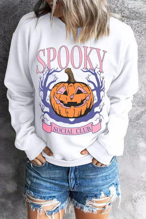 White graphic sweatshirt with jack-o-lantern and Spooky Social Club text