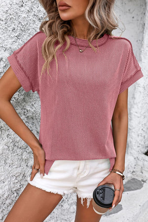 Vertical ribbed tunic tee, split hem, dark gray