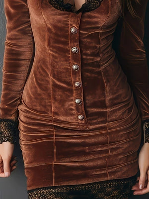 Brown velvet bodycon dress with lace trim, ruched skirt, and ornate buttons.