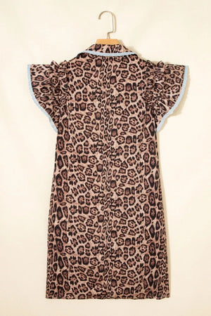 Leopard print cotton mini dress with ruffle sleeves and light blue lace trim.