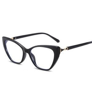 Black cat eye glasses with clear lenses and gold embellishments on the temples.