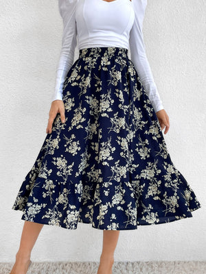Navy floral print tiered midi skirt with ruffled hem