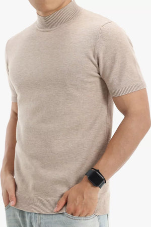 Eggshell knit mock neck short sleeve top with ribbed trim