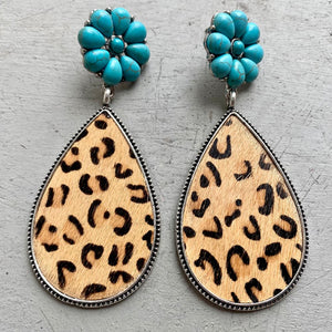 Turquoise petal & hide teardrop earrings with leopard print detail.