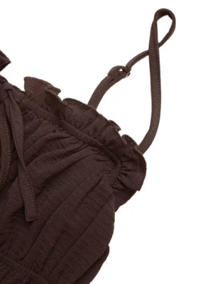 Charming Tie-front Midi Dress in coffee brown with ruffled neckline and adjustable straps.