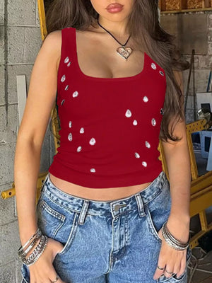 Red cropped tank top with square neck and scattered rhinestone embellishments.