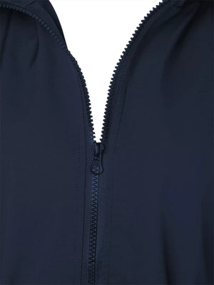 Dark blue waterproof hooded zip-up jacket with a black zipper detail.