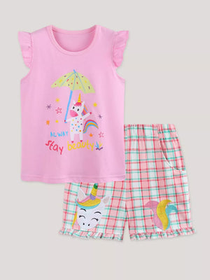 Toddler pink cotton unicorn applique pajama set with ruffled cap sleeves and plaid shorts.