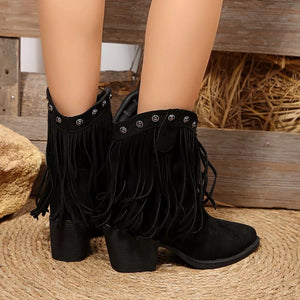 Black fringed western boots with decorative studs and block heel