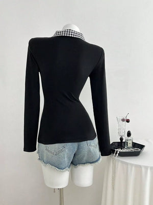 Gingham Collar Long Sleeve T-shirt, model styling view