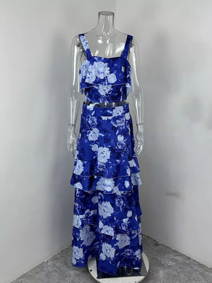 Ruffled floral two-piece set in Light Indigo with tiered skirt and ruffled crop top.