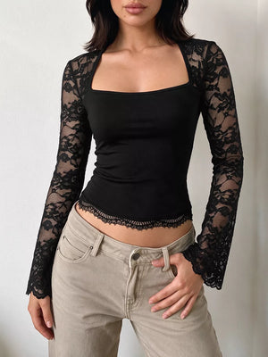 Lace Sleeve Square Neck Top in Black, front view
