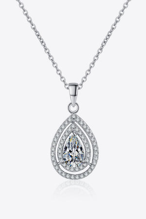 Silver double halo teardrop necklace with moissanite and 925 sterling silver chain.