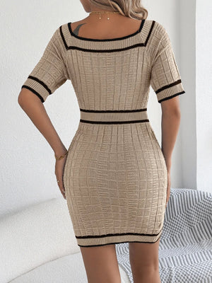 Tan knit bodycon dress with square neckline and contrast trim details.
