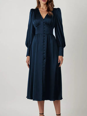 Elegant V-neck Puff Sleeve Button-down Midi Dress in White, view 21