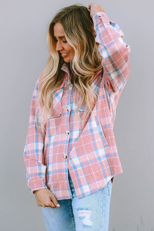Chic blush pink checkered collar jacket with buttoned pockets and collar.