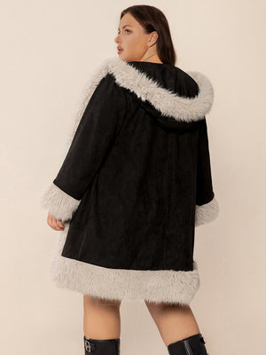 Black hooded duster coat with faux shearling trim on hood, cuffs, and hem