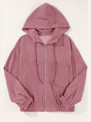 Dusty Pink corduroy relaxed fit zip-up hoodie with drawstring hood and chest pocket.