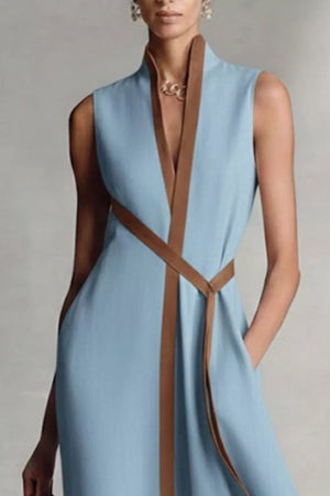 Dusty blue midi dress with elegant contrast trim and belt detail