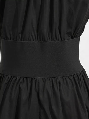 Black midi dress with elastic waistband and gathered skirt detail