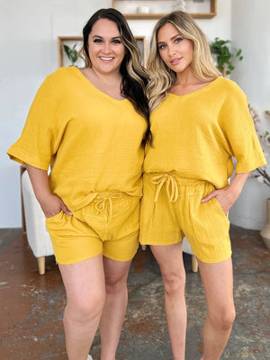 Gold textured cotton half sleeve set with drawstring shorts