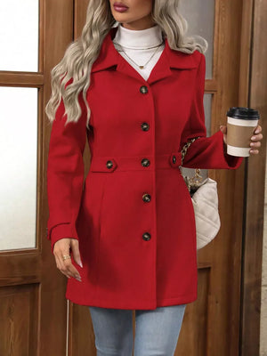 Scarlet button-up trench coat with cinched waist and button details.