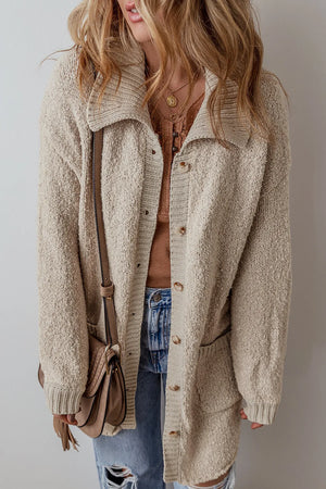 Textured knit collar cardigan in Dust Storm with button front and pockets.
