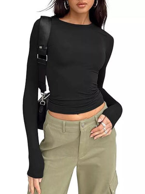 Black long sleeve t-shirt with ruching detail and crew neck.