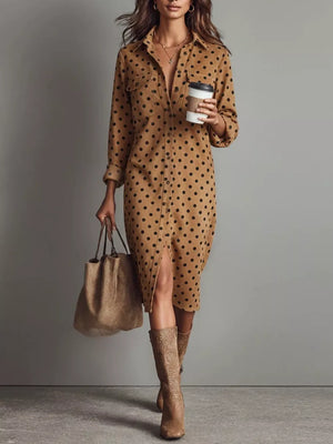 Chic polka dot midi shirt dress with pockets, collared, button-down, long sleeves, and a front slit.