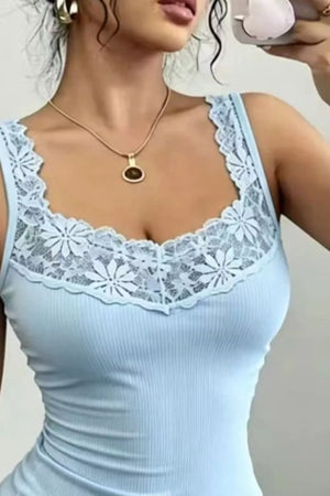 Light blue fitted tank top with lace trim neckline