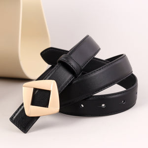 Black leather belt with a gold geometric buckle