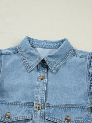 Light blue denim button-down shirt with ruffled sleeves and chest pockets.