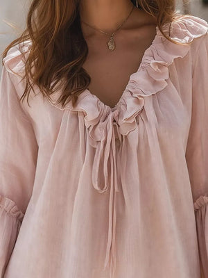 Ruffled Tie Front Flounce Sleeve Blouse in Blush Pink, side view