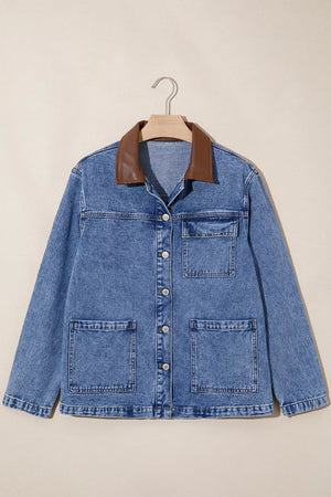 Patchwork Leather Collar Denim Jacket in Dusty Blue, close-up detail