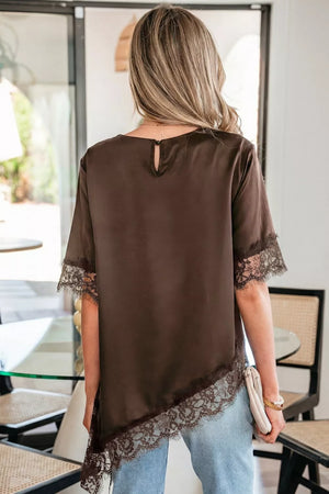 Brown satin maternity blouse with lace trim on sleeves and asymmetric hem.