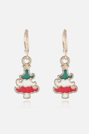Festive Christmas tree hoop earrings with red, white, and green enamel detail.