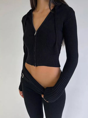 Zip Up Hooded Cardigan And Pants Sweater Set in Black, front view